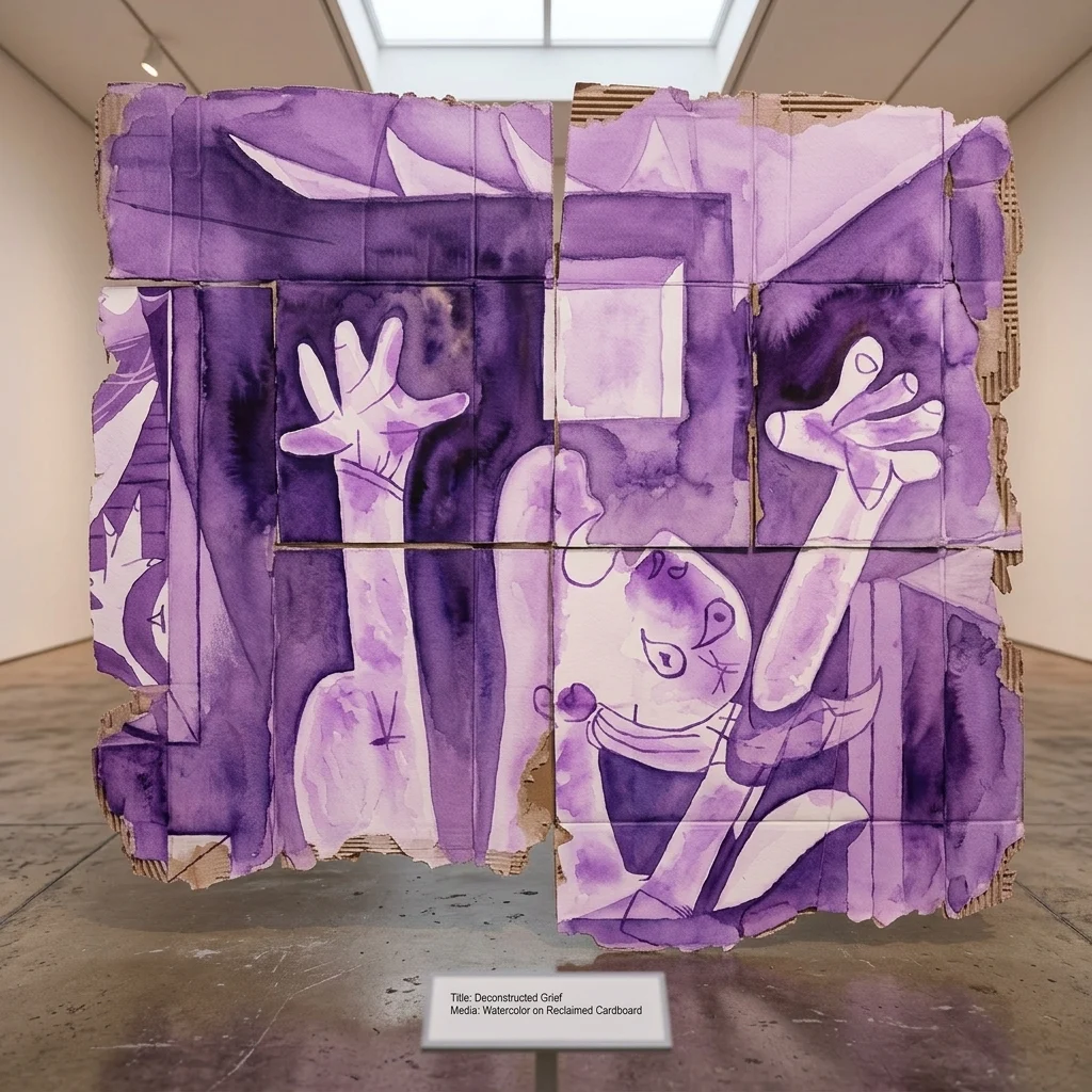 Pintura fragmentada en acuarela púrpura sobre trozos de cartón reciclado que representa figuras con las manos levantadas, titulada 'Deconstructed Grief' de la exposición Guernica Dissected.