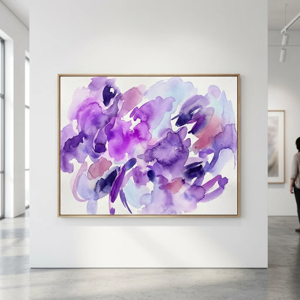 Una pintura abstracta enmarcada que presenta expresivos lavados de acuarela en tonos púrpura, violeta y rosa sobre un fondo blanco, exhibida en una pared blanca dentro de una galería minimalista.