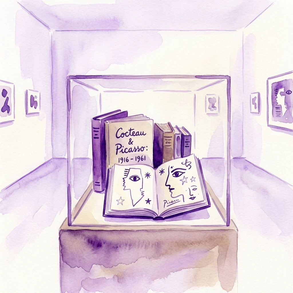Ilustración en acuarela de una vitrina de museo con libros, incluido uno titulado 'Cocteau & Picasso: 1916-1961' y un libro abierto con dibujos de rostros al estilo de Picasso.