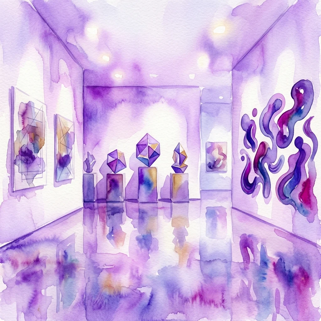 Ilustración en acuarela de un espacio de galería surrealista con esculturas geométricas de color morado y arte abstracto para la exposición 'The Reason of Dreams'.