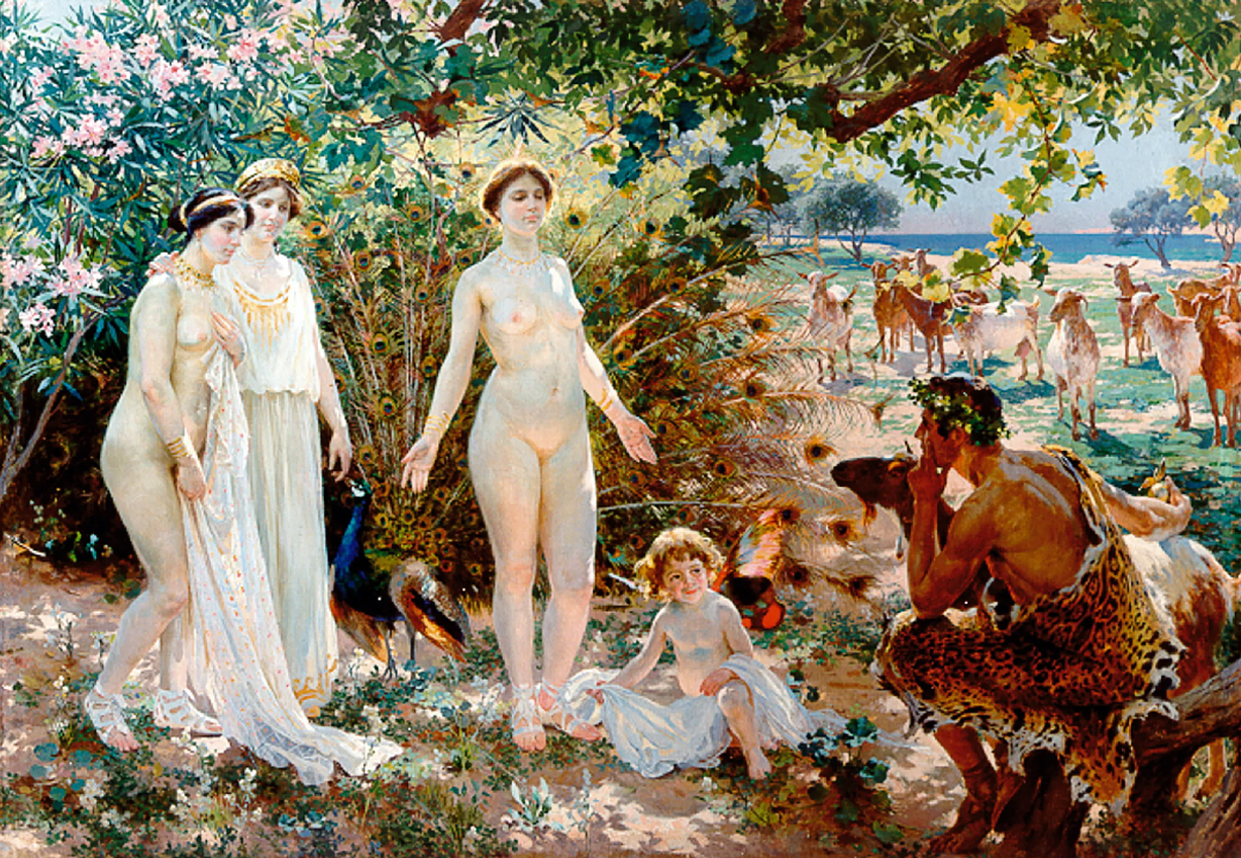Pintura que representa el mito del Juicio de Paris con tres mujeres, un pastor sentado, un niño y un rebaño de cabras en un frondoso jardín.