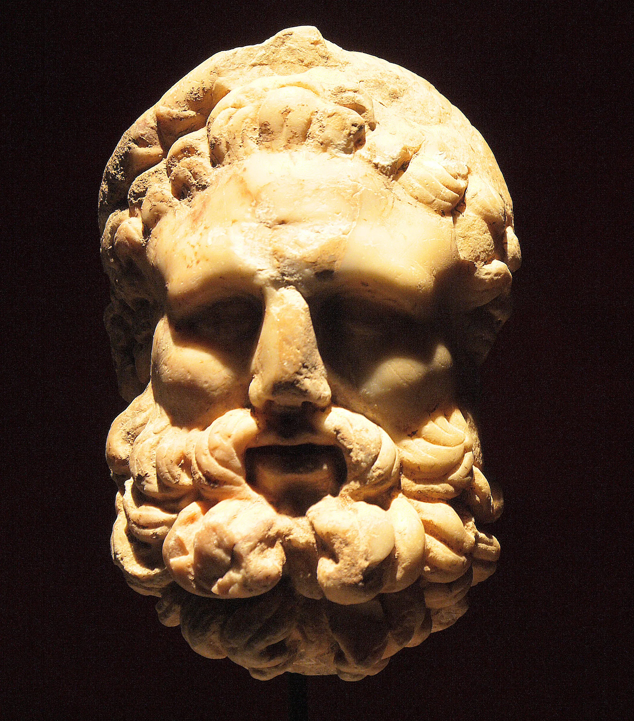 Escultura de piedra de una cabeza masculina barbuda con cabello rizado, iluminada dramáticamente sobre un fondo oscuro, que representa a la figura mitológica de Hércules.