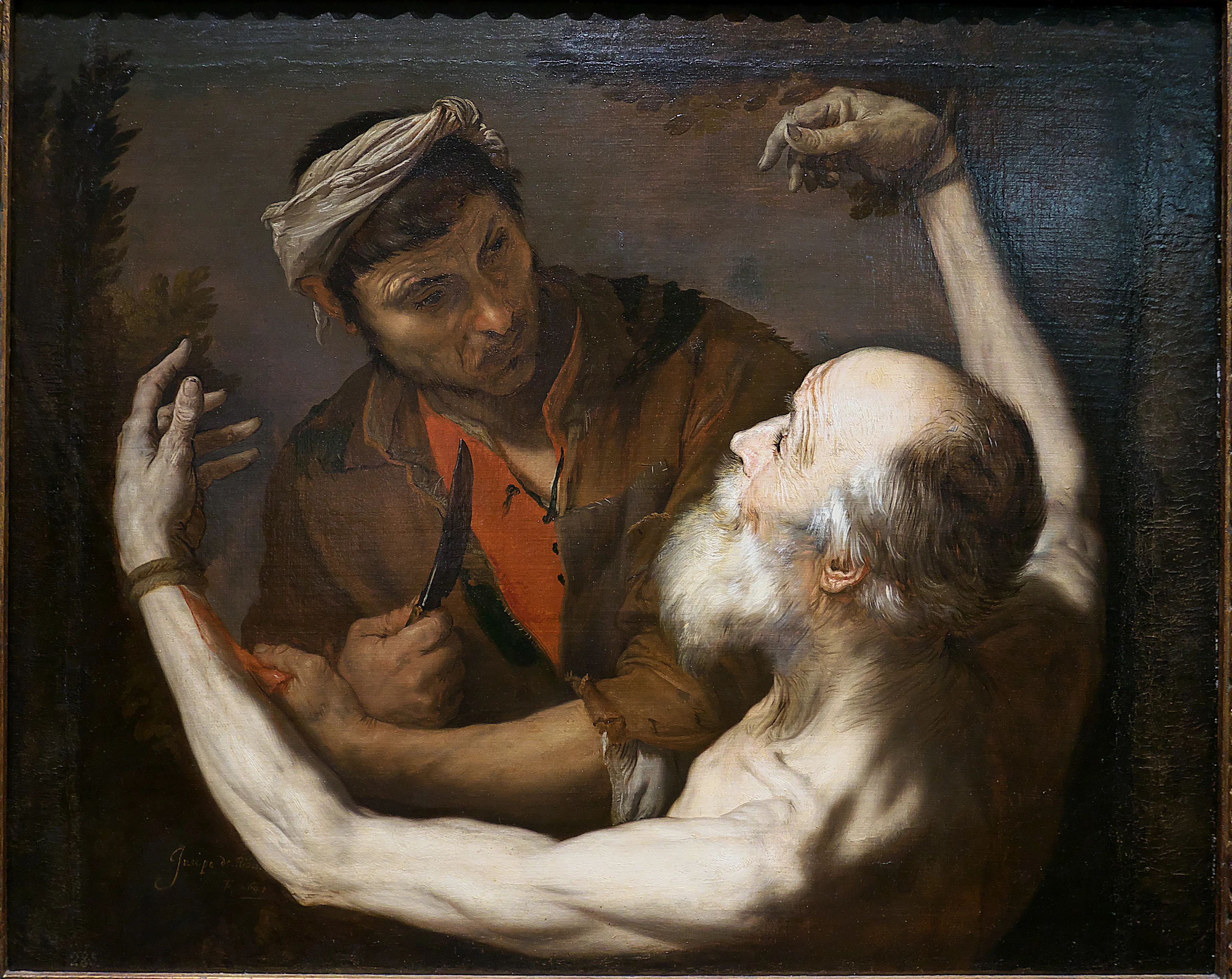 Óleo que representa el martirio de San Bartolomé, con un hombre calvo y barbudo siendo despellejado por otro hombre que sostiene un cuchillo, sobre un fondo oscuro.