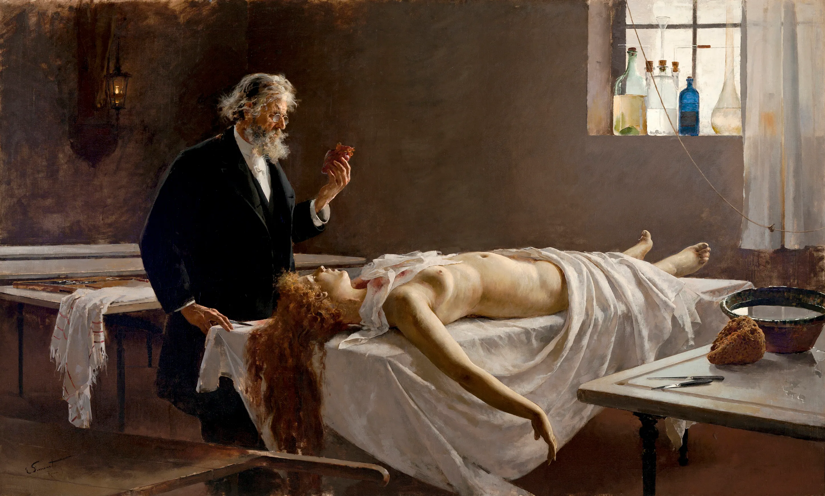 Pintura que representa a un médico barbudo con abrigo oscuro examinando un vaso mientras está de pie junto al cuerpo de una mujer joven sobre una mesa cubierta por una tela blanca, con otra figura observando en una habitación con poca luz y botellas en el alféizar de la ventana.