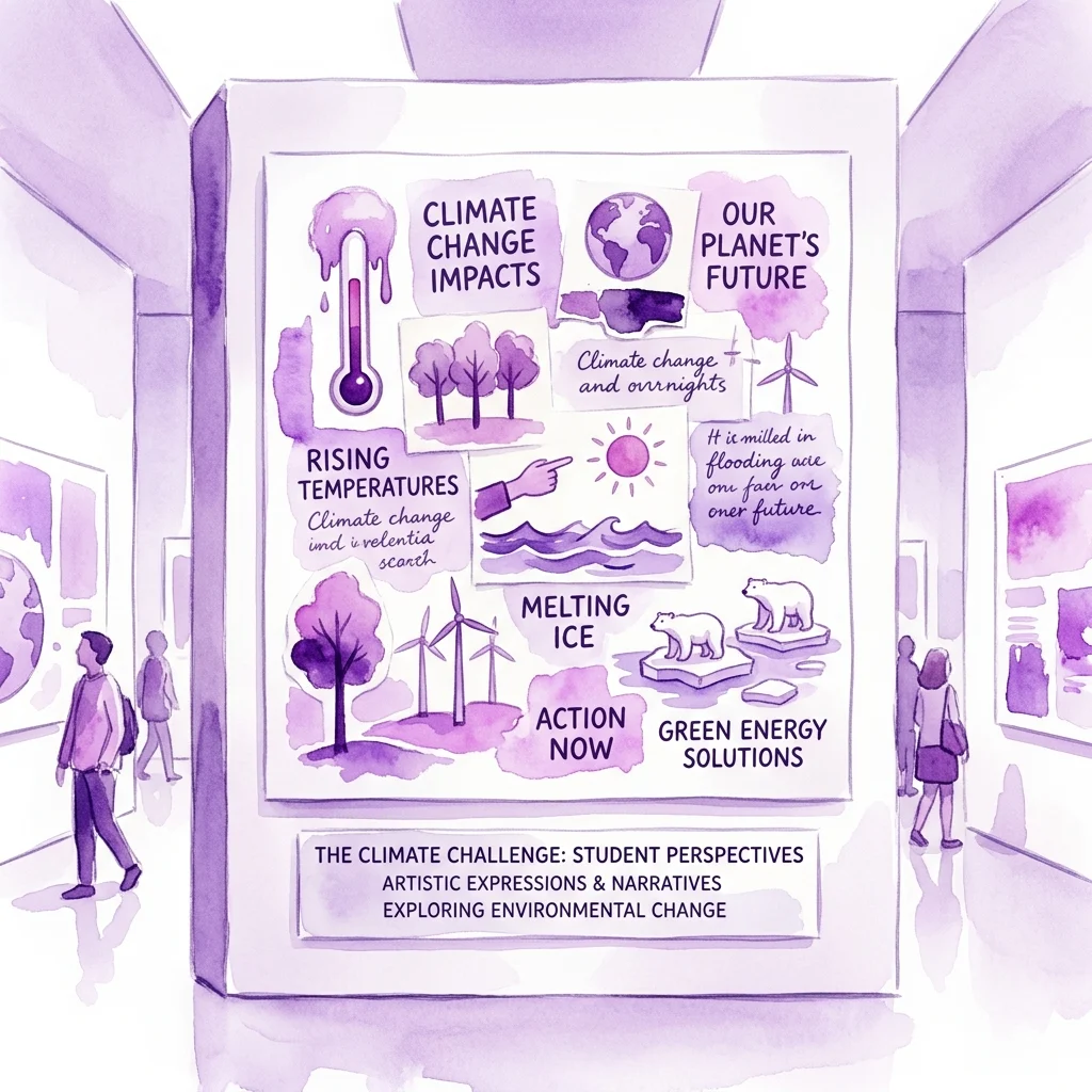 Watercolor-style illustration of a museum gallery wall displaying student artworks about climate change, featuring a thermometer, Earth, trees, a wind turbine, polar bears, and the message 'The Climate Challenge: Student Perspectives.'