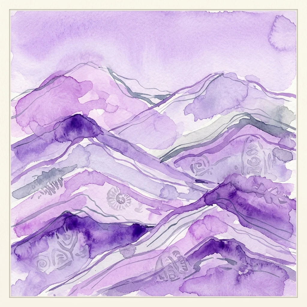 Purple watercolor mountain landscape with layered rocky strata and fossil motifs for the Tales of the Mountain exhibition.