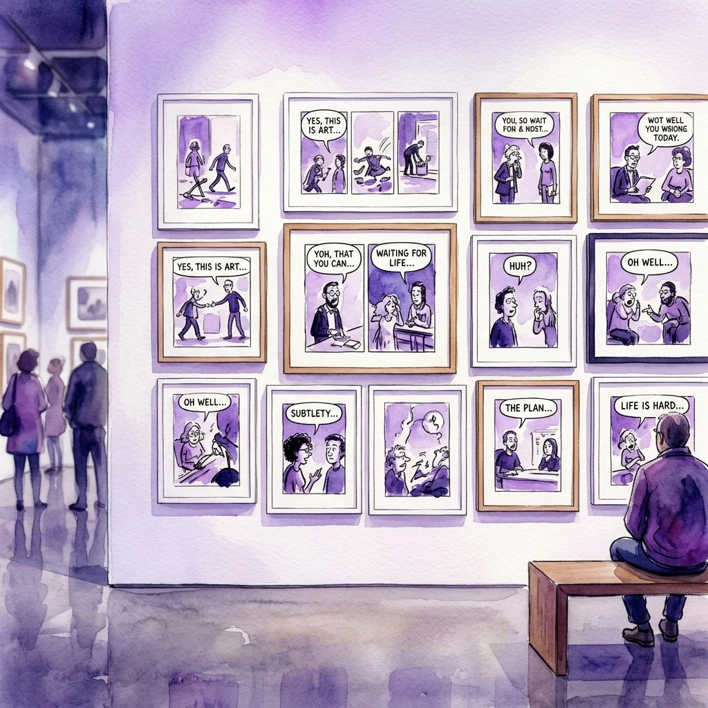Watercolor illustration of a museum gallery wall displaying framed comic panels in a grid arrangement, with visitors viewing the witty cartoon tableaux.