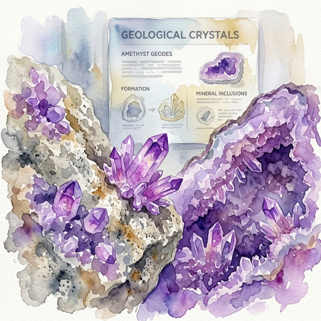 Ilustracja akwarelowa kryształów geologicznych w granicie, zawierająca fioletowe geody ametystowe i wtrącenia minerałów, z edukacyjnym panelem wyjaśniającym formowanie się kryształów.