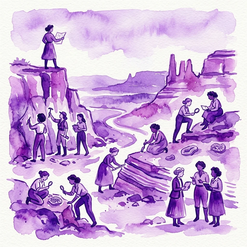 Una ilustración artística en acuarela que representa a doce mujeres en entornos de trabajo de campo geológico, abarcando diversas épocas y ubicaciones, dedicadas al estudio científico de las ciencias de la Tierra.