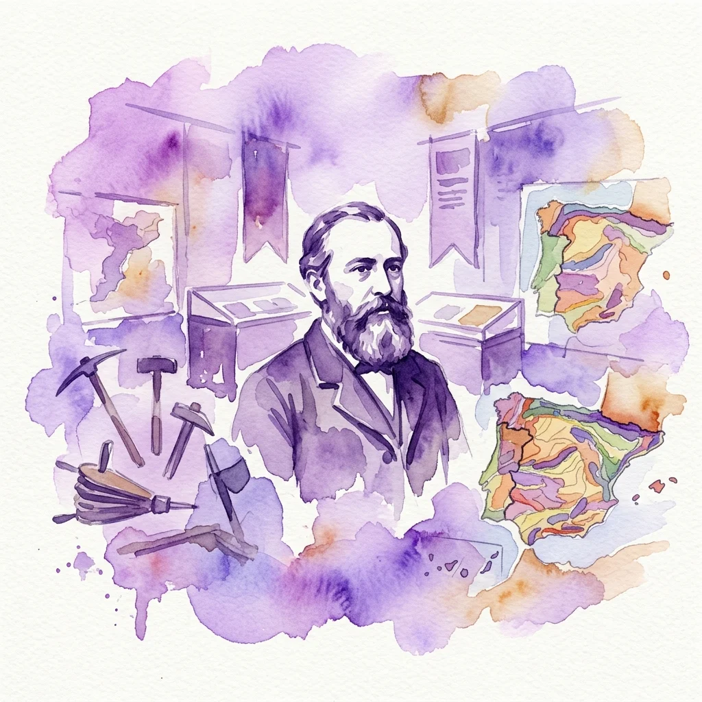 Ilustración en acuarela de Guillermo Schulz, ingeniero y geólogo alemán nacido en el siglo XIX, rodeado de mapas geológicos de España y herramientas de minería, destacando sus contribuciones a la geología y la minería españolas.