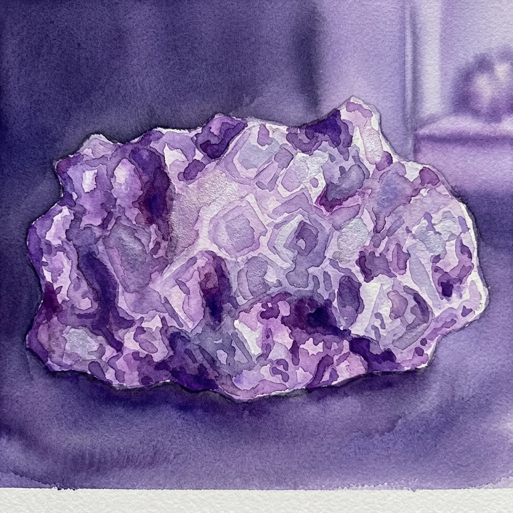 A watercolor painting of the Retuerta del Bullaque meteorite, showcasing its metallic sheen and crystalline structure in purple and silver hues.