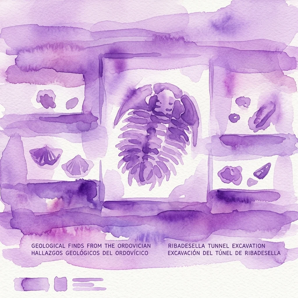 Ilustración en acuarela de fósiles del período Ordovícico, que incluyen trilobites y braquiópodos, de la excavación del Túnel de Ribadesella, expuestos en una exhibición de museo.