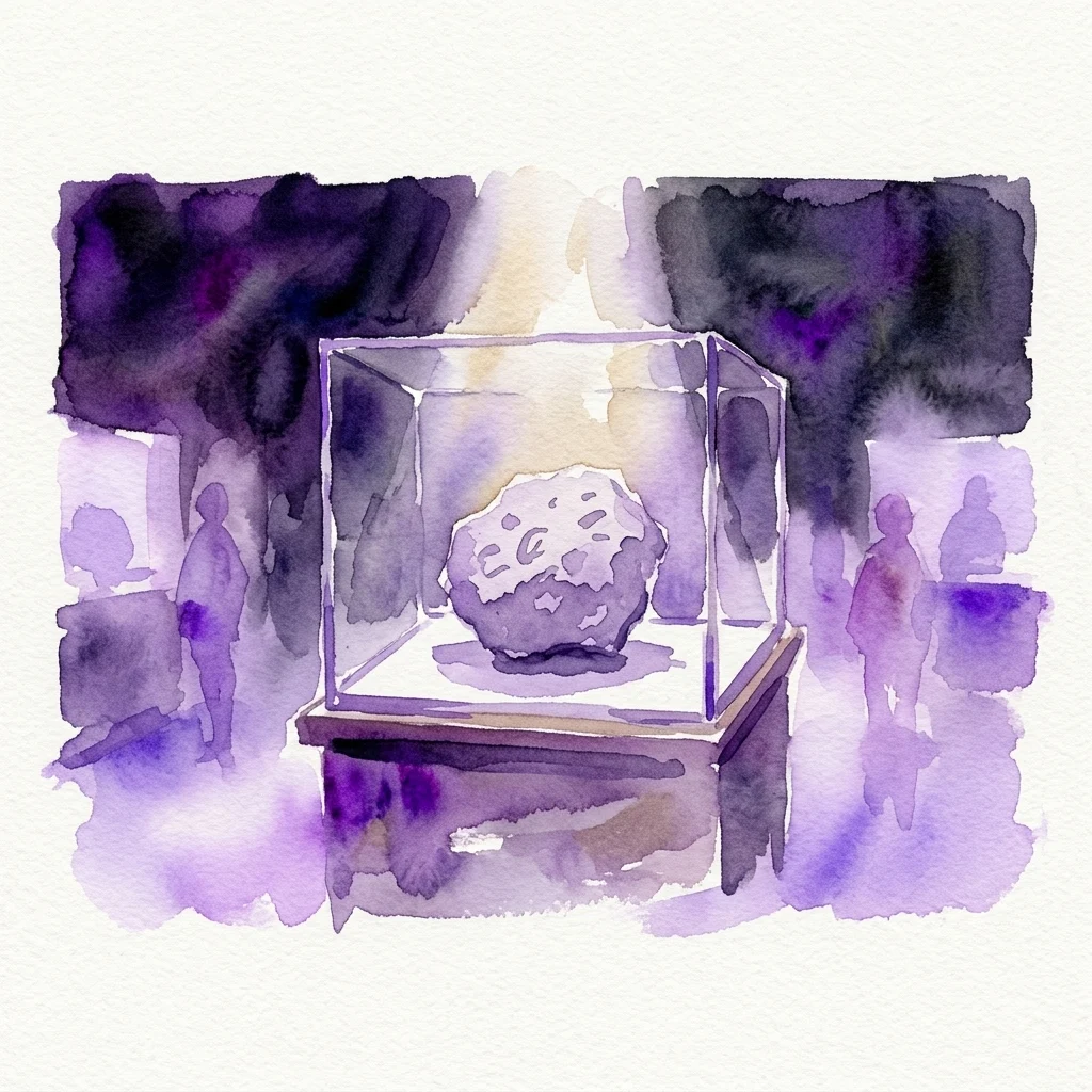 A fragment of lunar rock displayed in a glass case at the Museo Geominero, illuminated under soft lighting with visitors observing in the background.