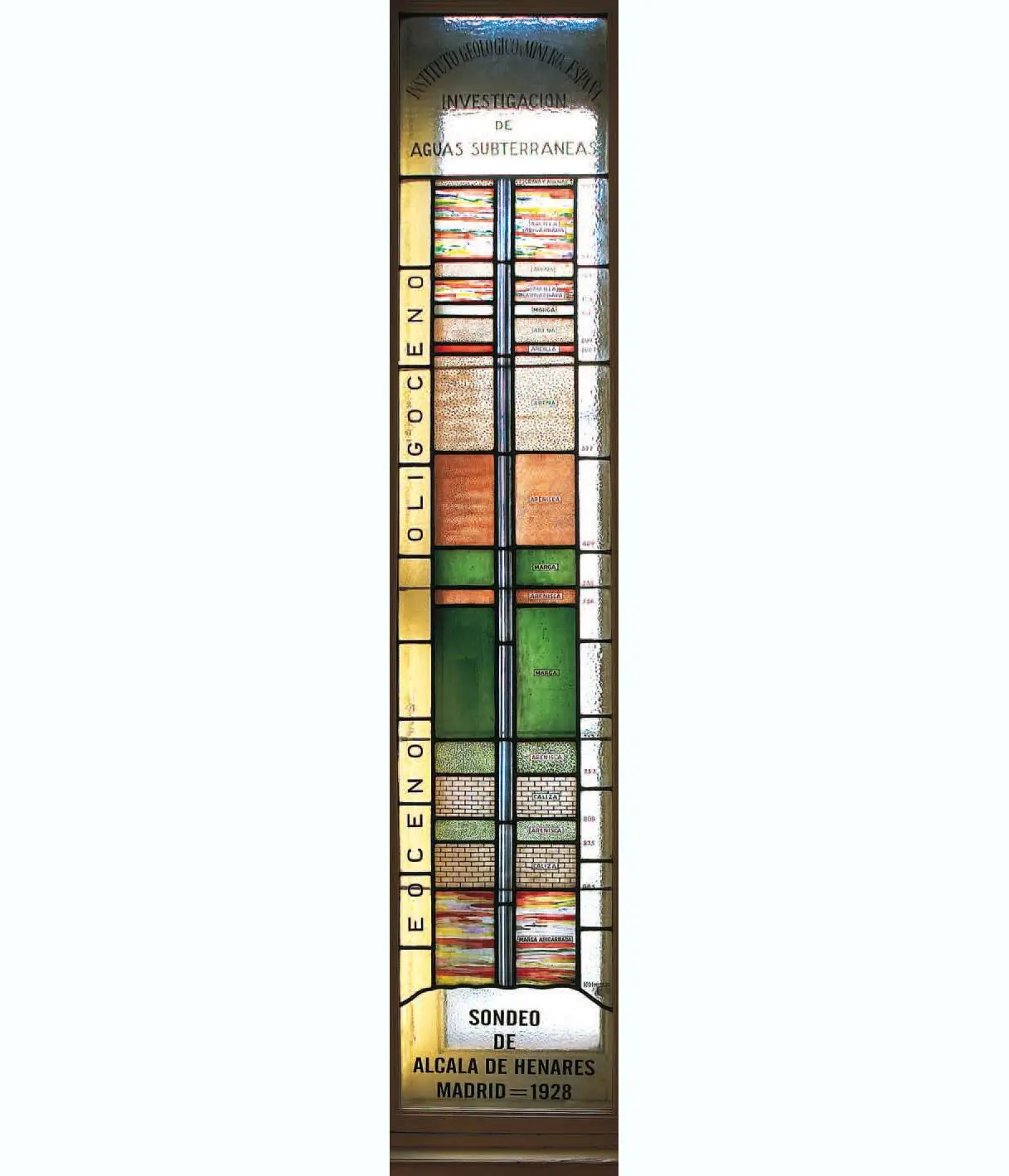 Glas-in-loodraam dat geologische lagen toont met tekstlabels voor het Oligoceen en Eoceen en een inscriptie voor een boorgat in Alcalá de Henares, Madrid, 1928