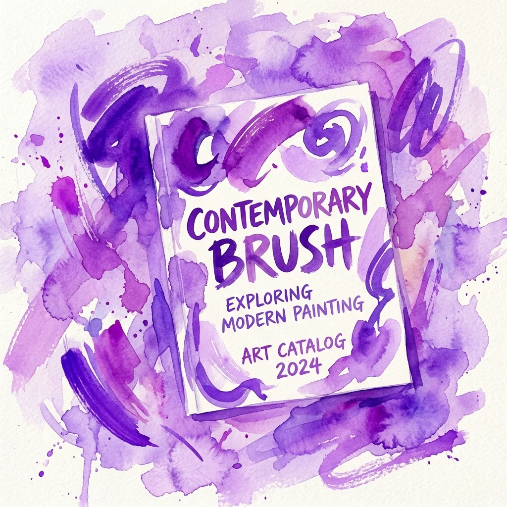 Catálogo de arte titulado 'Contemporary Brush: Exploring Modern Painting' con un fondo de acuarela morada, que presenta pinceladas abstractas y el año 2024.