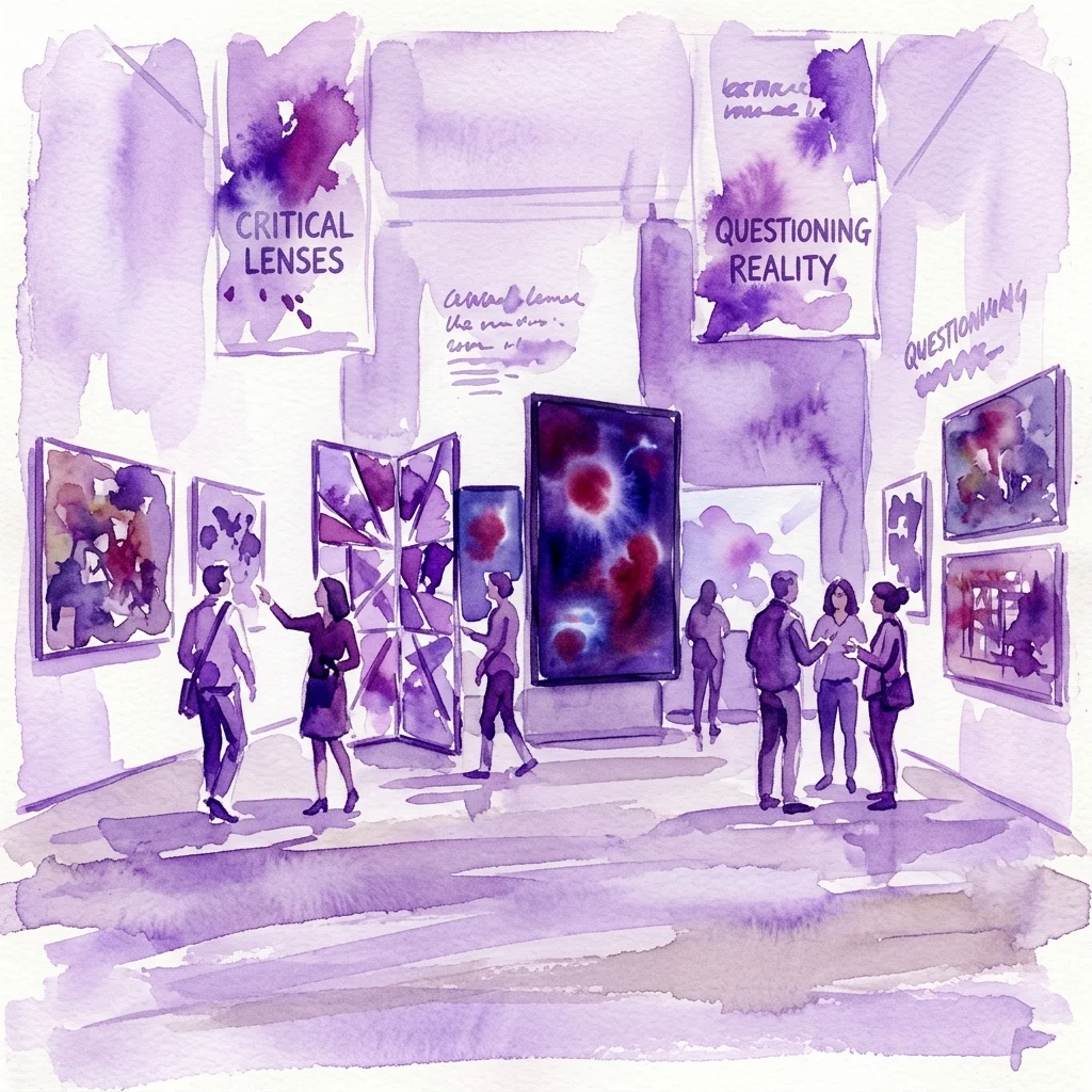 Una ilustración en acuarela de una exposición en una galería de arte con visitantes observando obras de arte contemporáneas. Las superposiciones de texto incluyen "CRITICAL LENSES" y "QUESTIONING REALITY", que reflejan el tema de la exposición "El poder de la duda".