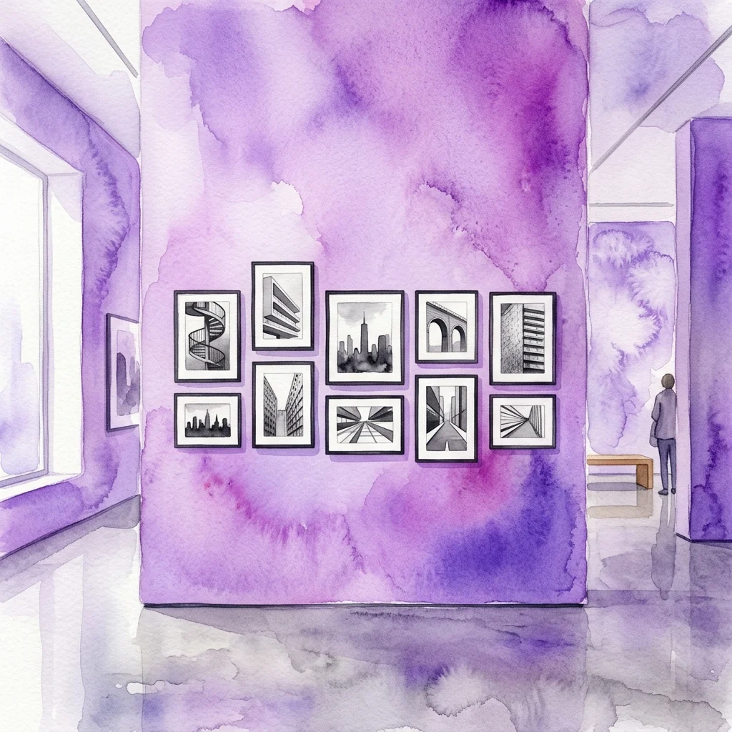 Una ilustración en acuarela de una galería de arte con paredes moradas, que exhibe fotografías arquitectónicas en blanco y negro de Iwan Baan, con un visitante observando la exposición.