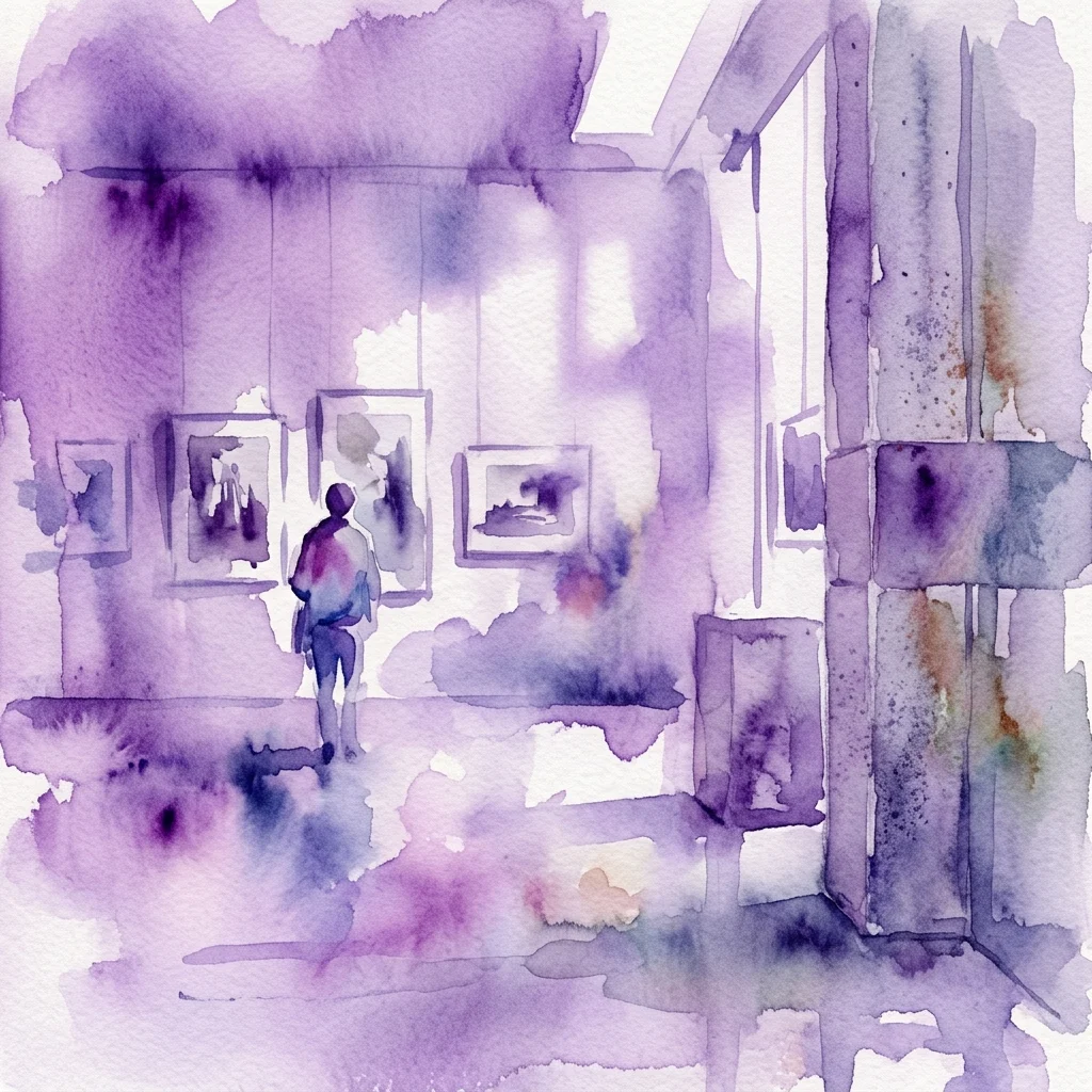 Een aquarelillustratie van een galerijinterieur met een eenzame figuur die kunst bekijkt, uitgevoerd in zachte paarse en witte tinten, wat een contemplatieve sfeer oproept.