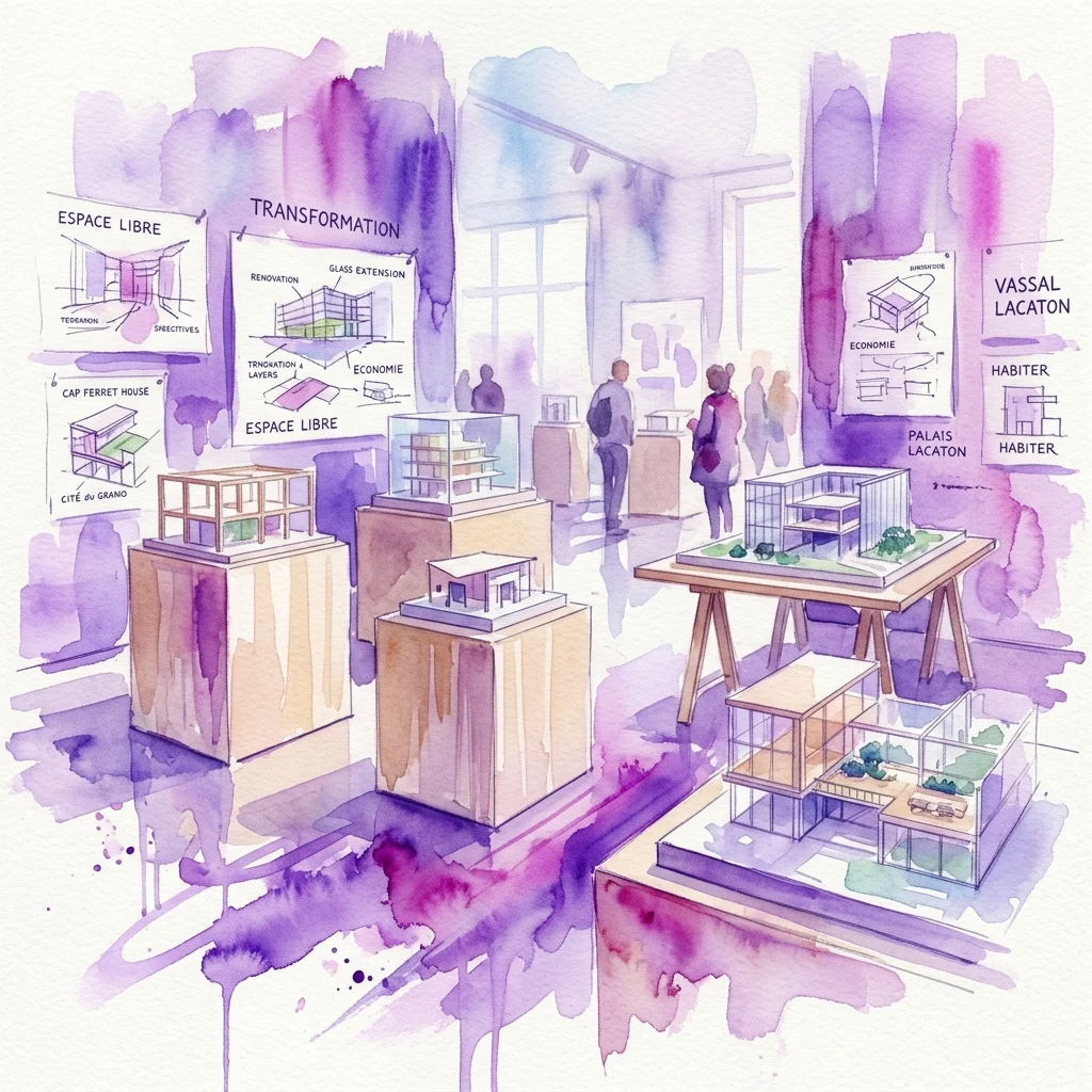 Ilustracja akwarelowa wystawy prezentującej modele architektoniczne i szkice autorstwa Lacaton & Vassal, podkreślająca takie koncepcje jak wolna przestrzeń, transformacja i zamieszkiwanie.