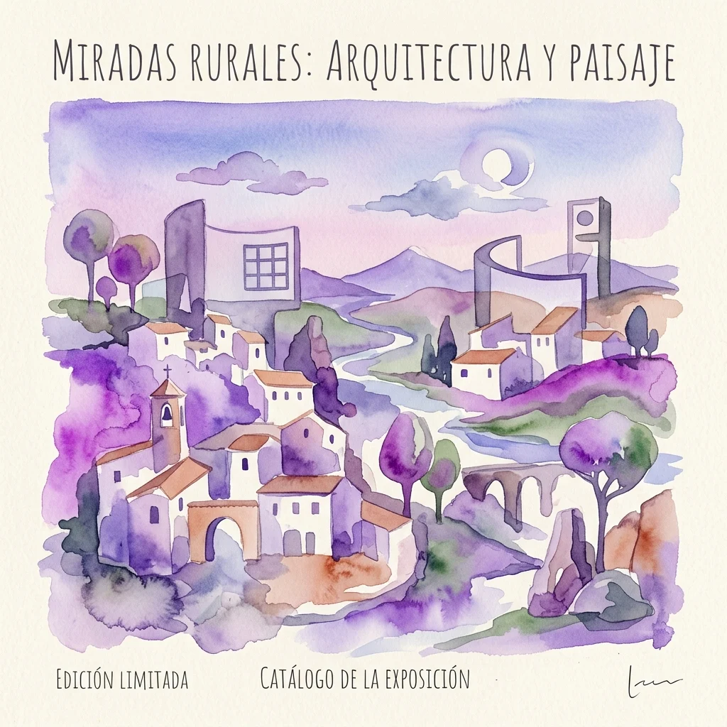 Ilustración en acuarela de pueblos rurales españoles con arquitectura modernista y un paisaje surrealista, titulada 'Miradas Rurales: Arquitectura y Paisaje', de un catálogo de exposición de edición limitada.