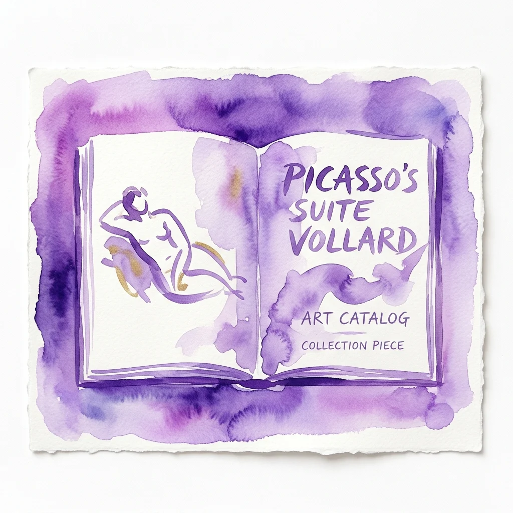 Waterverfillustratie van een open kunstcatalogus getiteld 'Picasso's Suite Vollard', met een paarse en gouden illustratie van een liggend figuur, gelabeld als een collectiestuk.