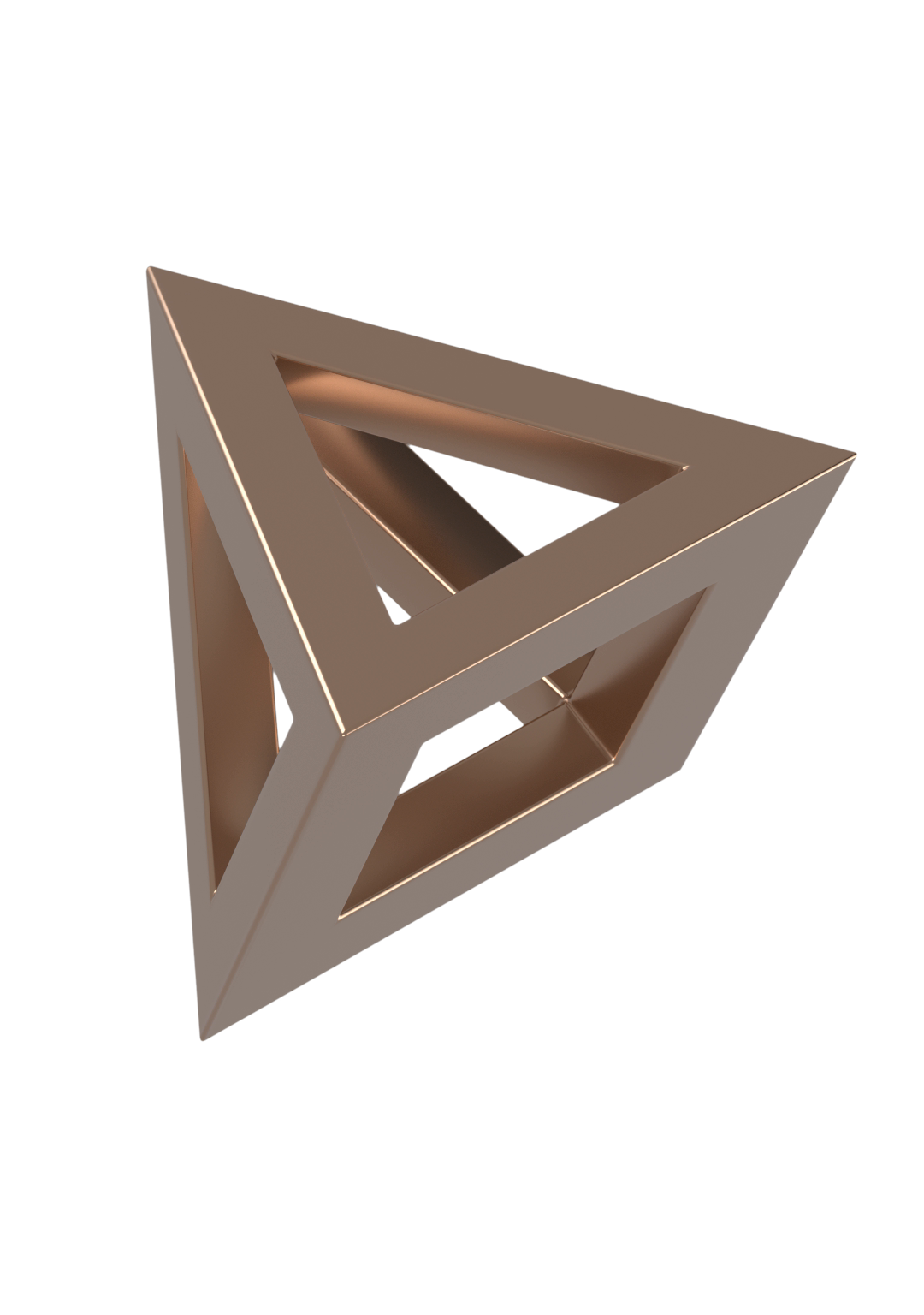 Triángulo de Penrose de bronce metálico, un objeto imposible renderizado sobre un fondo negro sólido