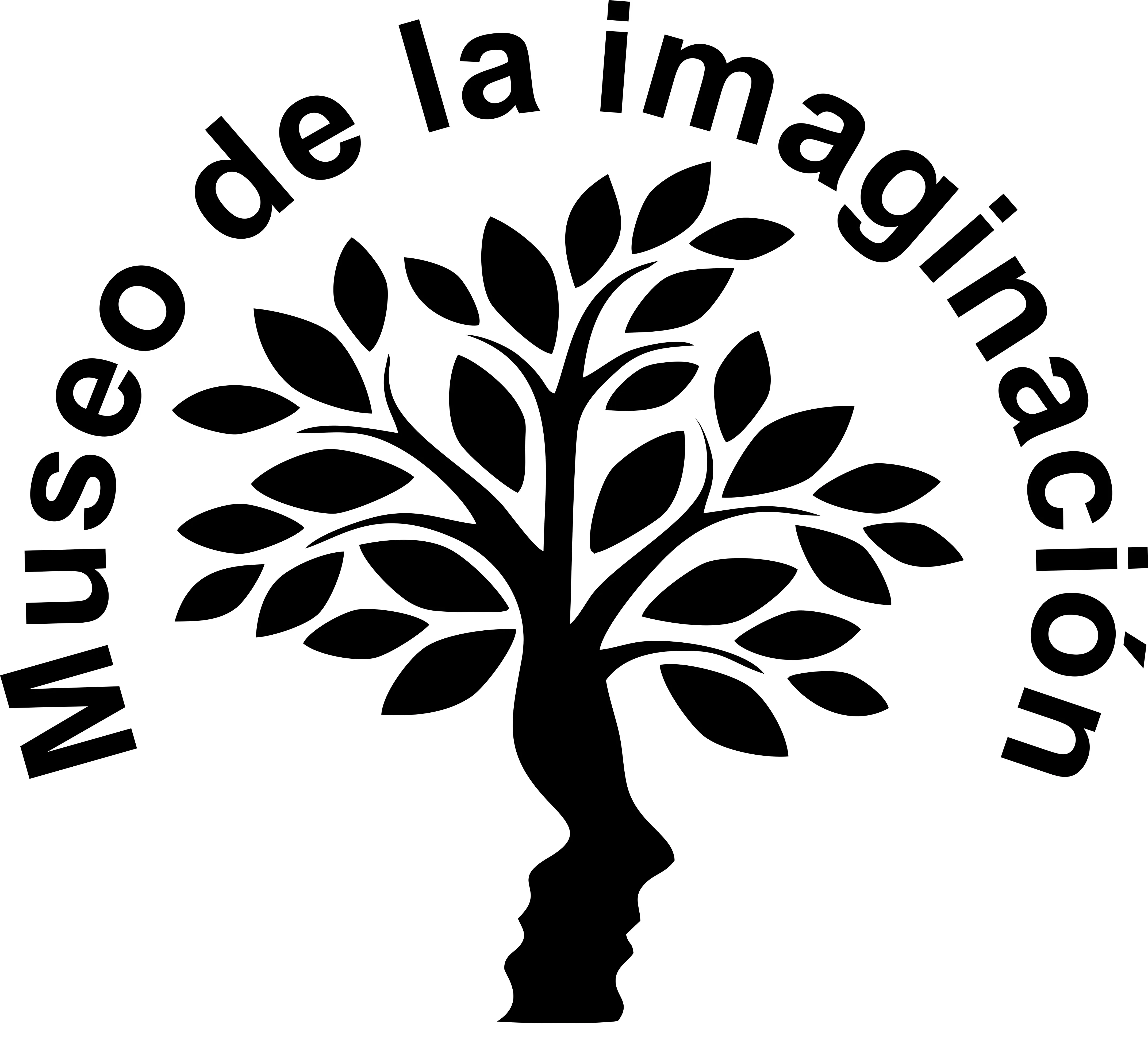 Logotipo en blanco y negro del Museo de la Imaginación que muestra un árbol con hojas cuyo tronco forma la silueta de un perfil humano, con el nombre del museo arqueado en la parte superior.