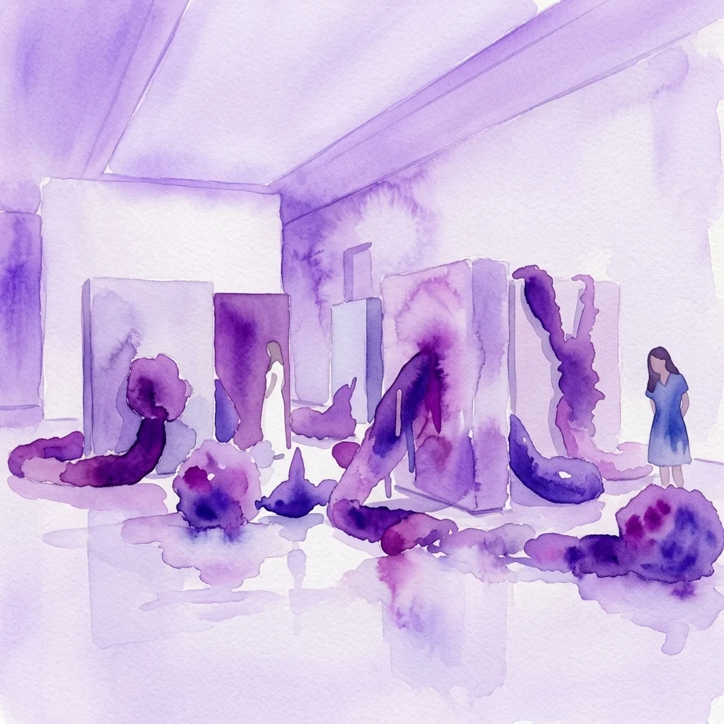 Ilustración en acuarela de una galería de museo con grandes esculturas abstractas de color morado y un visitante, que representa la exposición Transfiguration de Joana Vasconcelos.