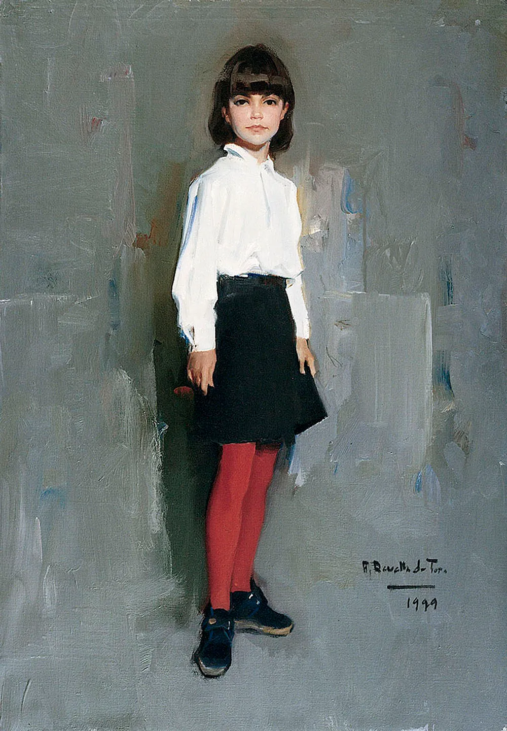Óleo de una joven de cabello oscuro que viste camisa blanca, falda negra y medias rojas, firmado F. Revello de Toro 1979.
