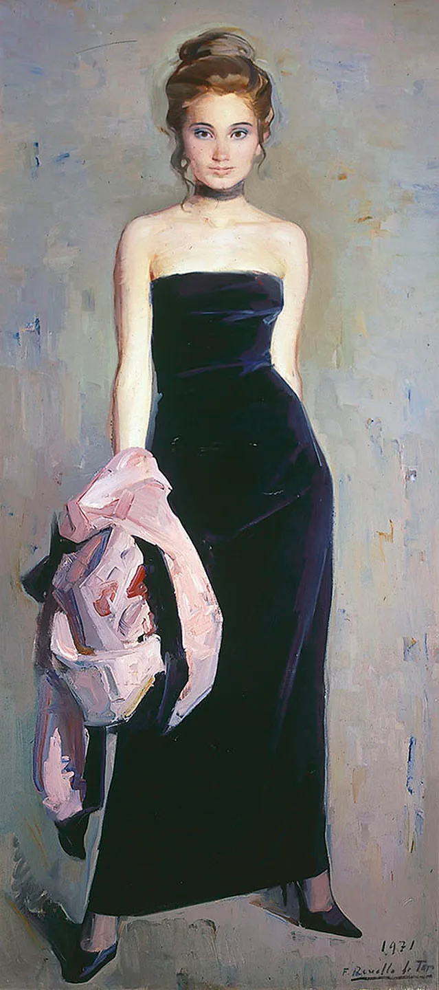 Olieverfschilderij van een staande vrouw in een lange zwarte strapless jurk die een roze kledingstuk vasthoudt, gesigneerd 1971.