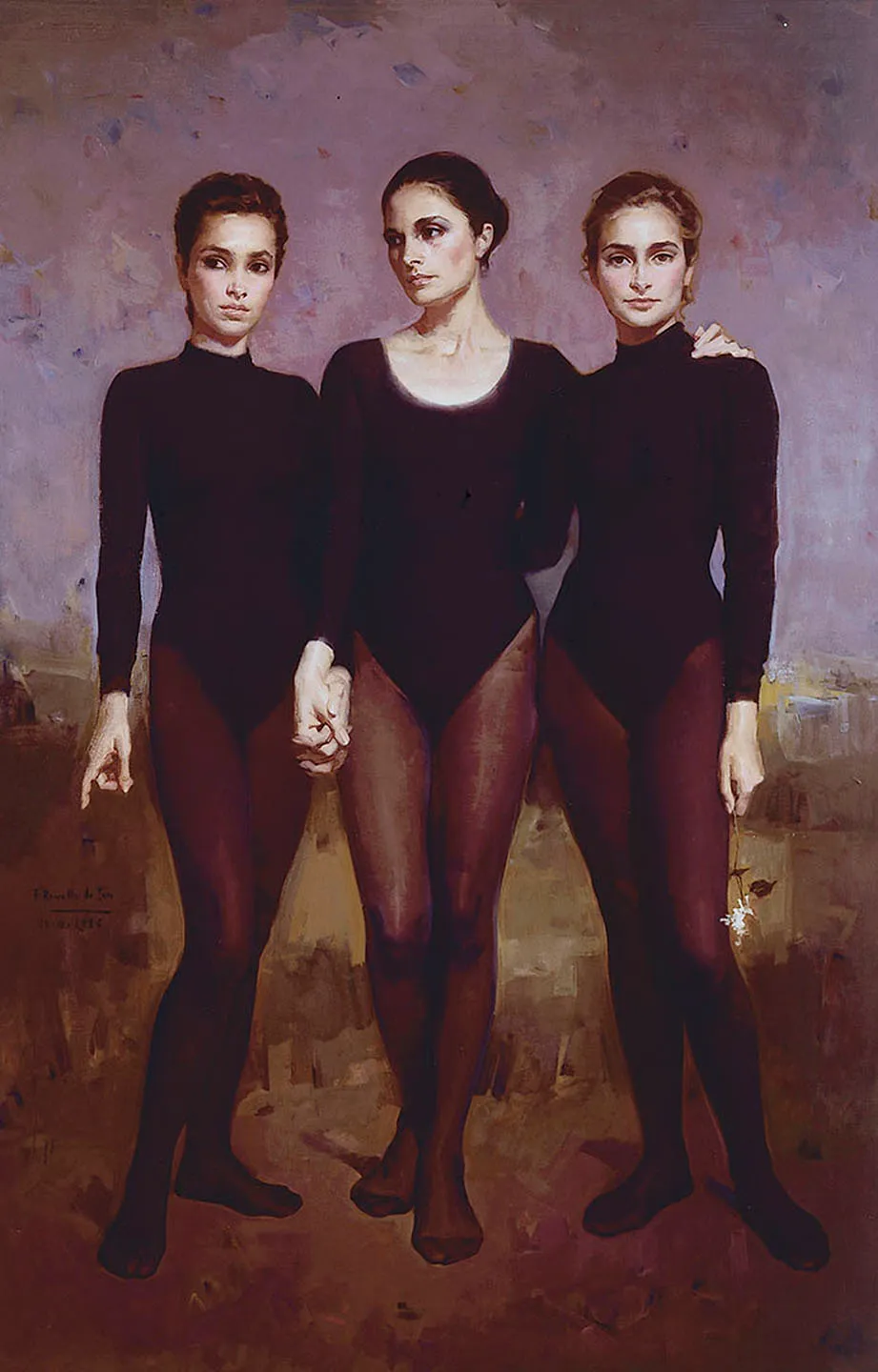 Pintura al óleo de tres mujeres jóvenes de pie, una al lado de la otra, vestidas con leotardos y mallas oscuras sobre un fondo de tonos púrpuras y marrones apagados.