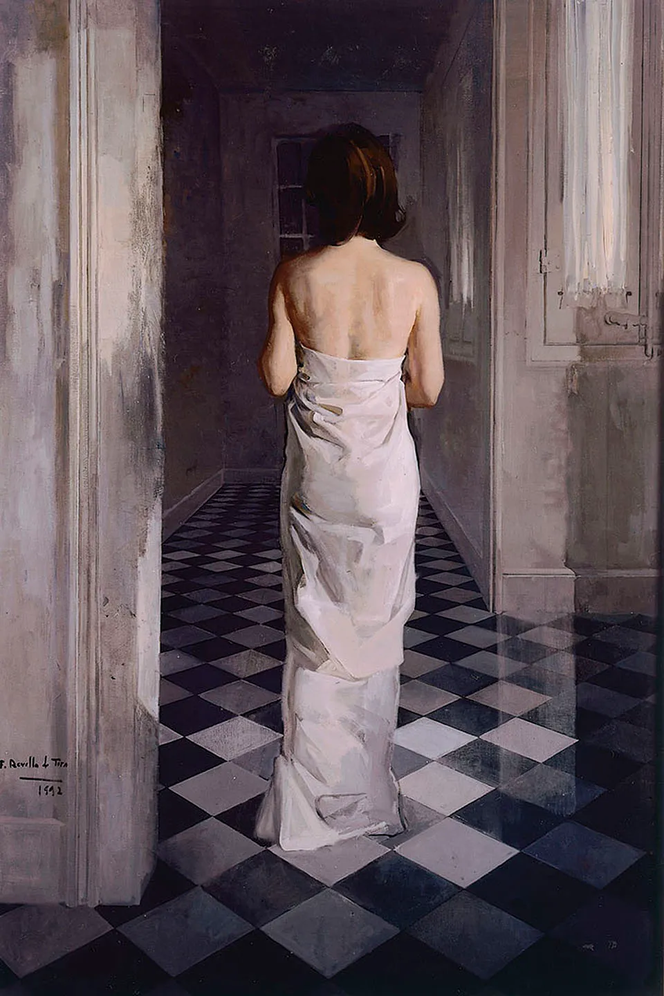 Schilderij van een vrouw gezien van achteren, gekleed in een witte strapless jurk, staand in een gang met een zwart-witte geblokte vloer, gesigneerd F. Revello de Toro 1982.