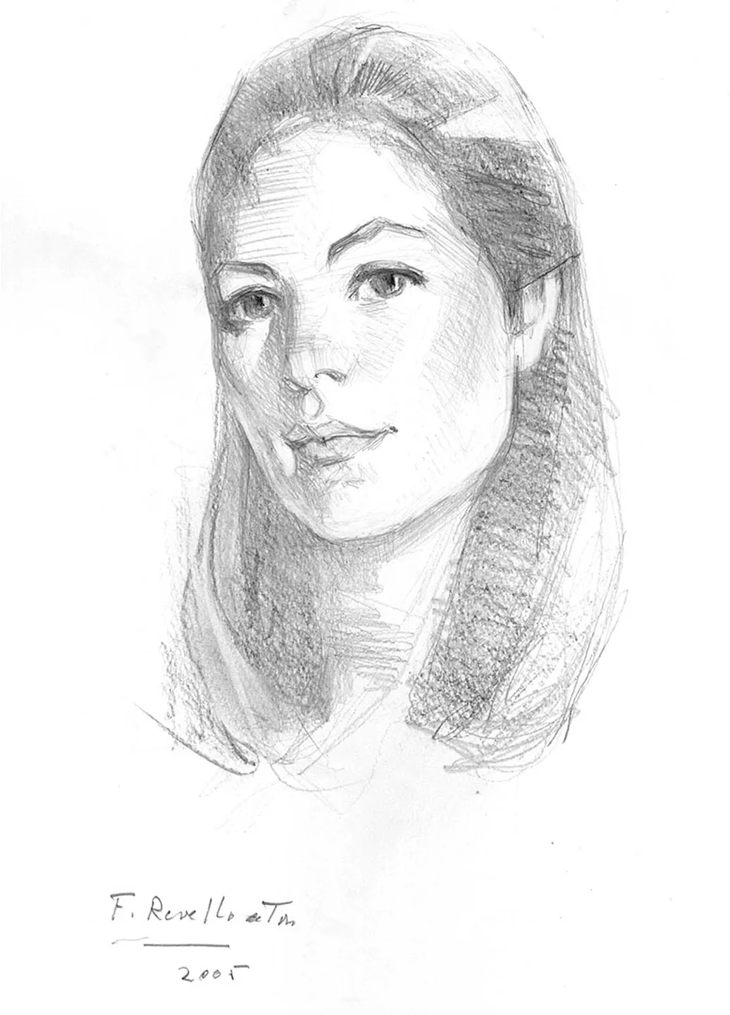 Retrato a lápiz de una joven de pelo largo, firmado F. Revello de Toro 2005