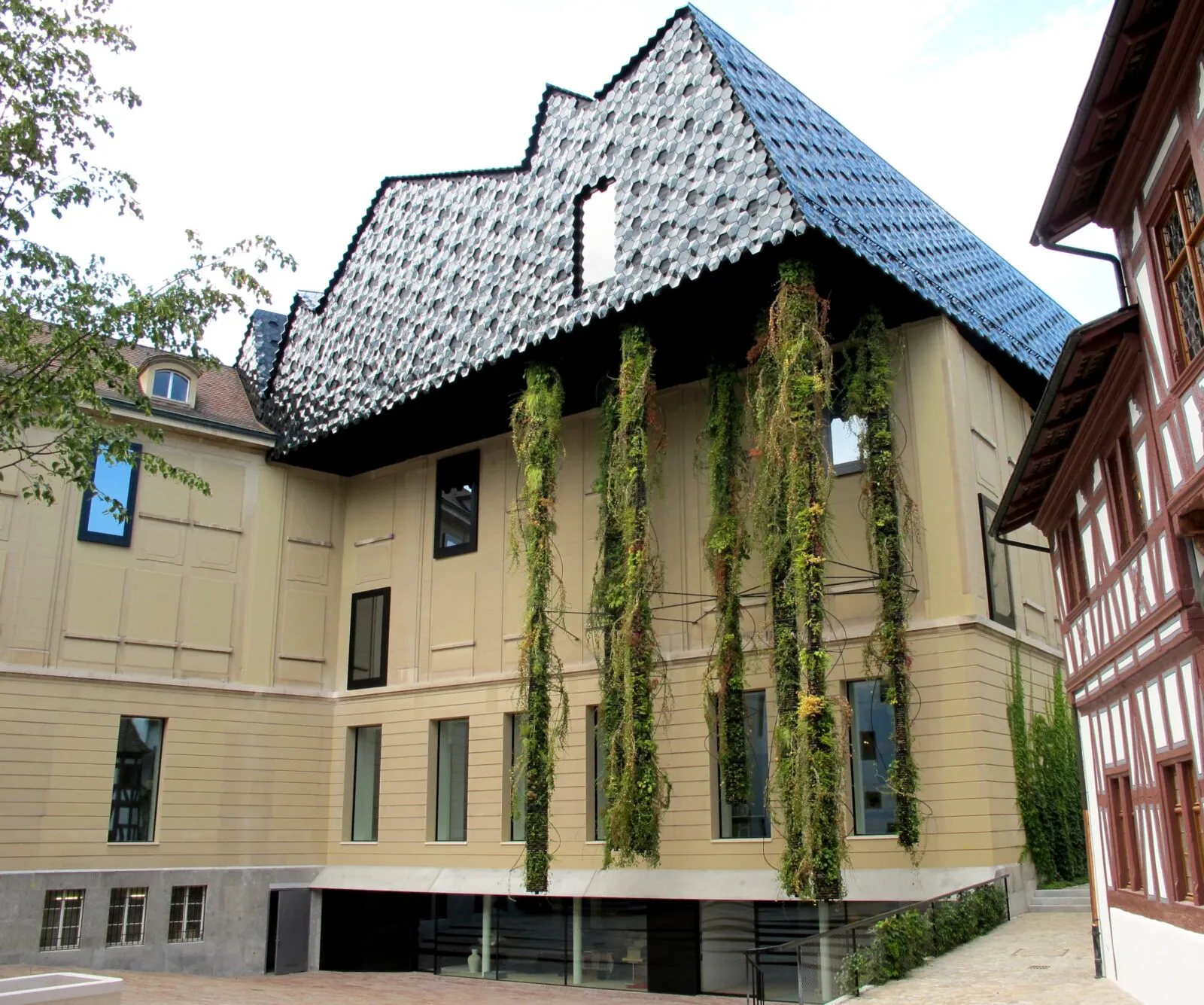 Vista exterior del Museum der Kulturen Basel que muestra un edificio con un distintivo tejado de azulejos azules y altas plantas trepadoras que crecen sobre la fachada de color beige