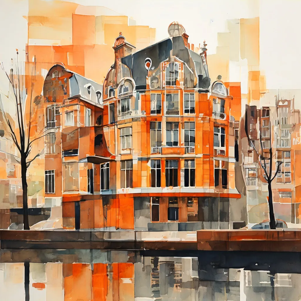 Una representación artística que muestra la distintiva mampostería y las formas redondeadas características del estilo arquitectónico de la Escuela de Ámsterdam, con sutiles indicios de textura de periódico, que representan una reseña destacada por Museum Het Schip.