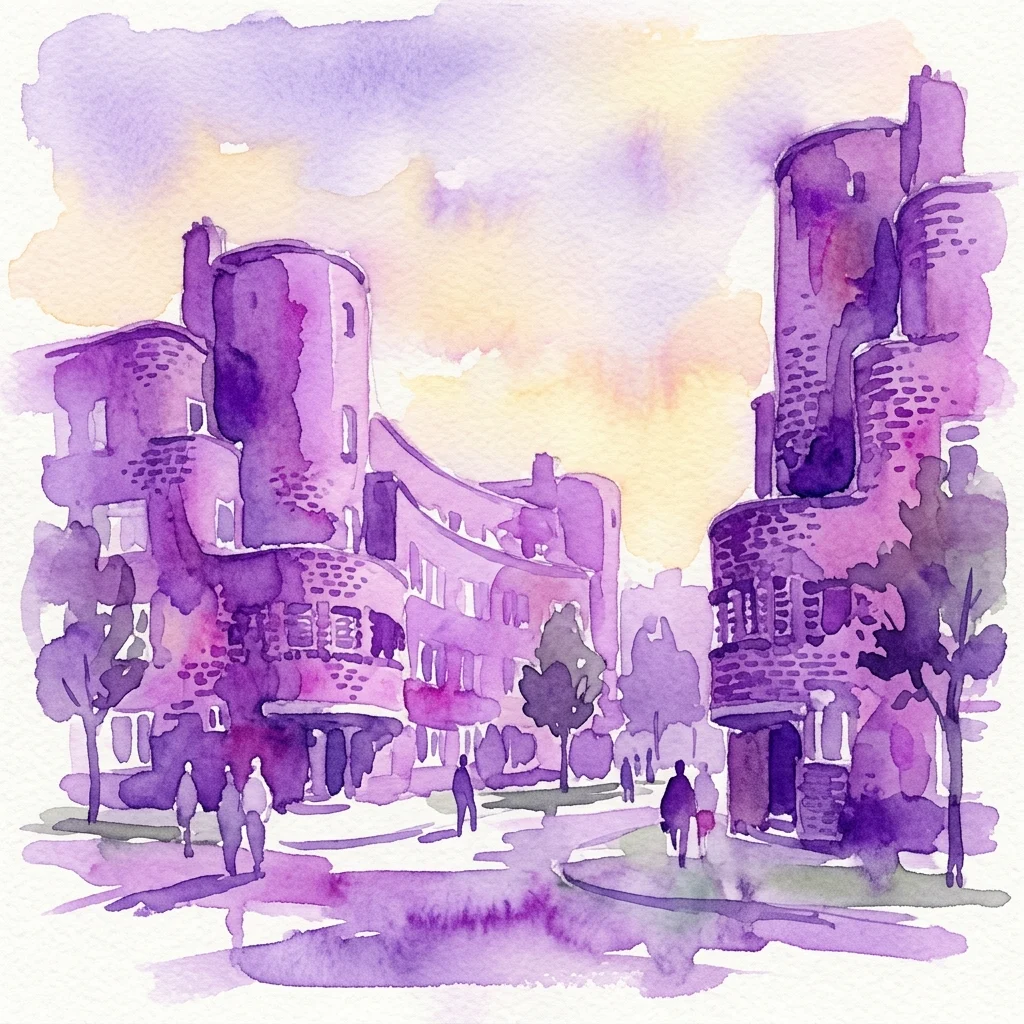 Ilustración en acuarela del complejo de viviendas Dageraad, que muestra su icónica arquitectura de la Escuela de Ámsterdam con formas orgánicas y detalles de ladrillo bajo un cielo púrpura y amarillo.