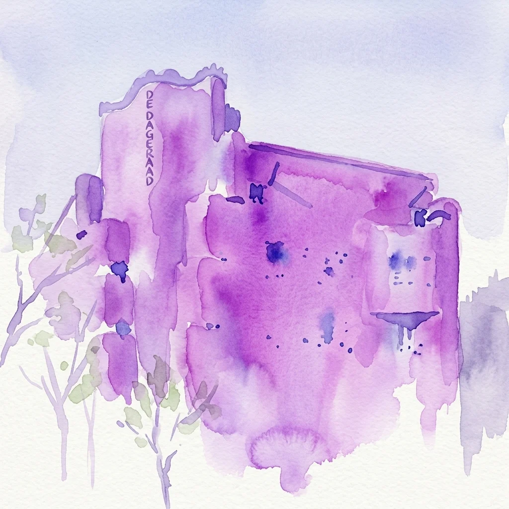 Watercolor illustration of the Dageraad housing complex in Amsterdam School style, featuring purple hues and organic architectural details.