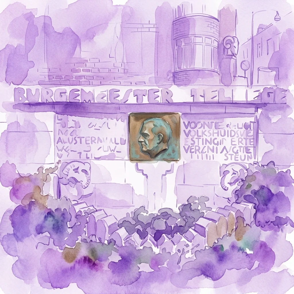 Una ilustración en acuarela de un monumento a Jan Willem Cornelis Tellegen, con un retrato en relieve de bronce, inscripciones y bocetos arquitectónicos al estilo de la Escuela de Ámsterdam.