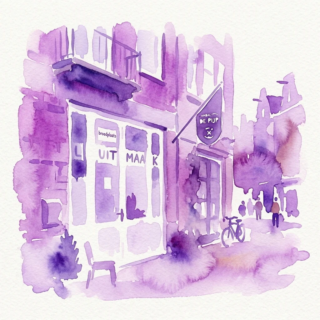 Watercolor illustration of a building in Amsterdam's De Pijp district, featuring a sign for 'Ambachtenroute De Pijp' and 'Broedplaats De Lutmaak', with people and a bicycle on the street.