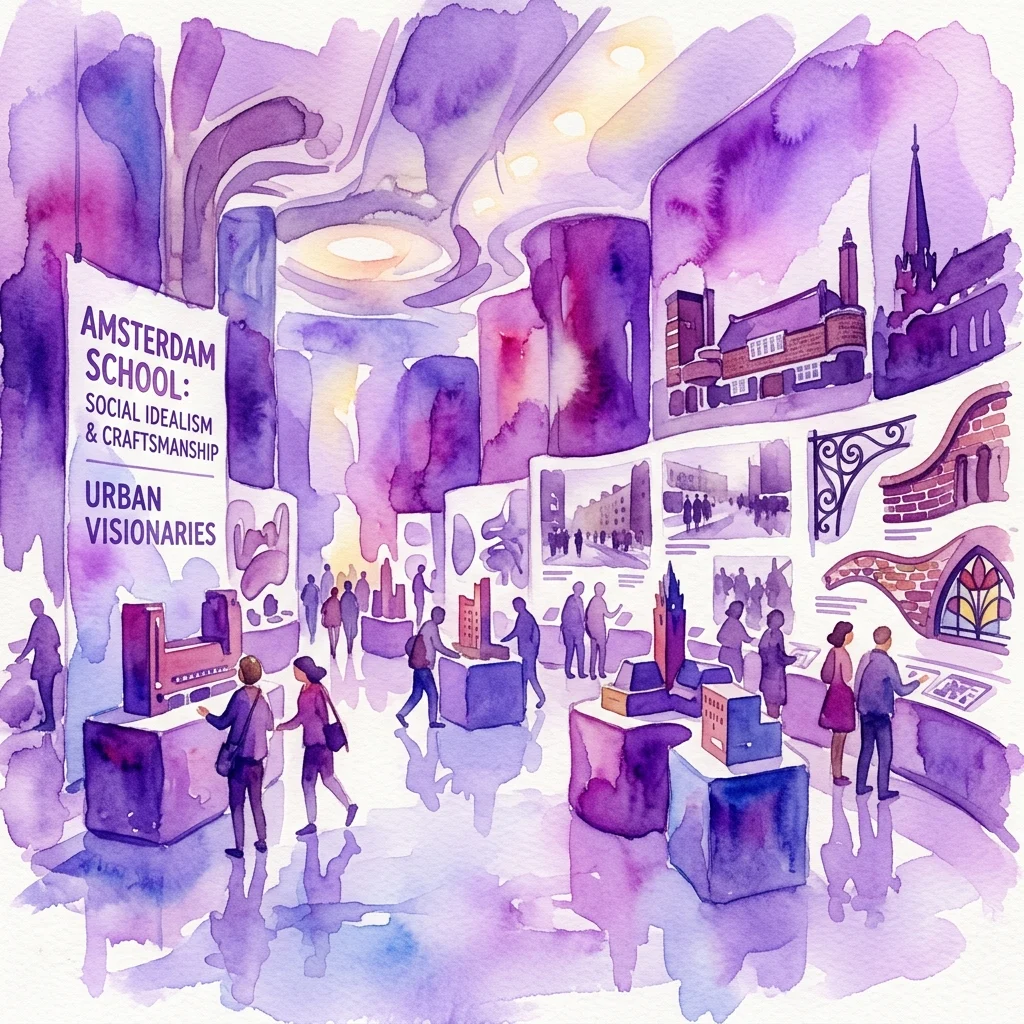 Ilustración en acuarela de la exposición La Escuela de Ámsterdam: Ideales Construidos en el Museum Het Schip, con maquetas arquitectónicas, fotos históricas y visitantes explorando las exhibiciones sobre idealismo social y artesanía.