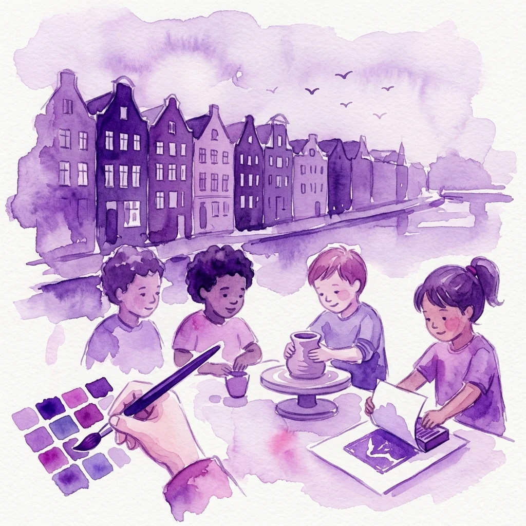 Children engaged in craft activities including pottery, printmaking, and painting, with a watercolor background of Amsterdam canal houses.