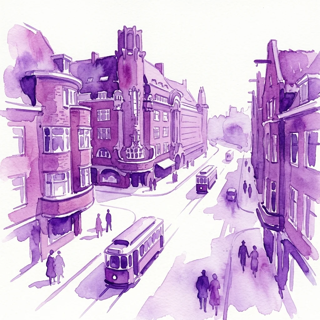 Ilustración de acuarela de arquitectura de la Escuela de Ámsterdam con fachadas ornamentadas, ventanas curvas y vías de tranvía en una escena urbana de calle con tonos púrpuras.