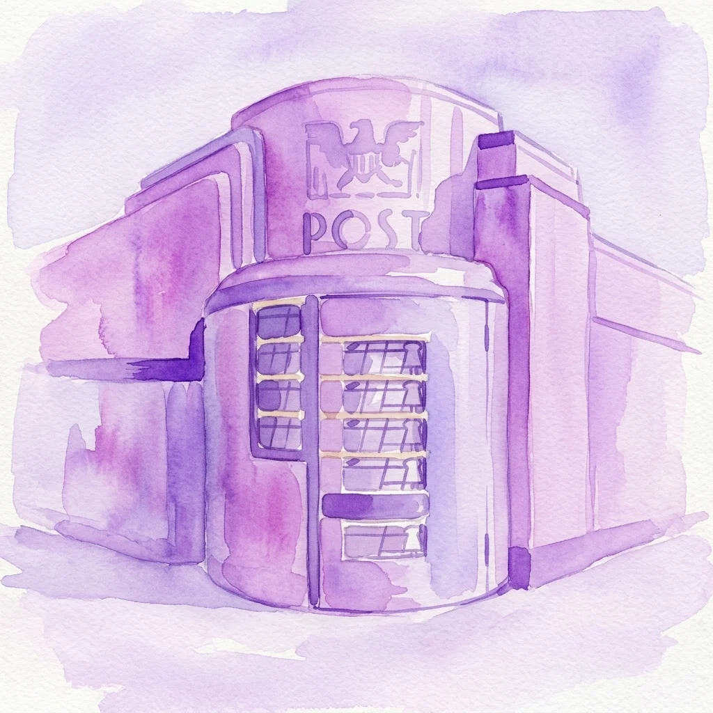 Ilustración en acuarela de la fachada de un edificio de oficinas de correos Art Decó de la década de 1920, que presenta la palabra 'POST' y un emblema de águila postal, diseñado por Michel de Klerk.