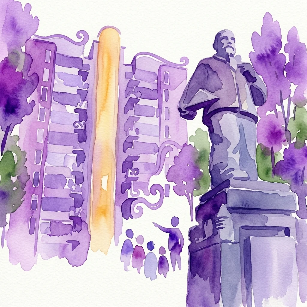 Watercolor illustration of a guided walking tour in Amsterdam's Zuid district, featuring wavy facades, ornate details, and a statue, highlighting the Amsterdam School architectural style.
