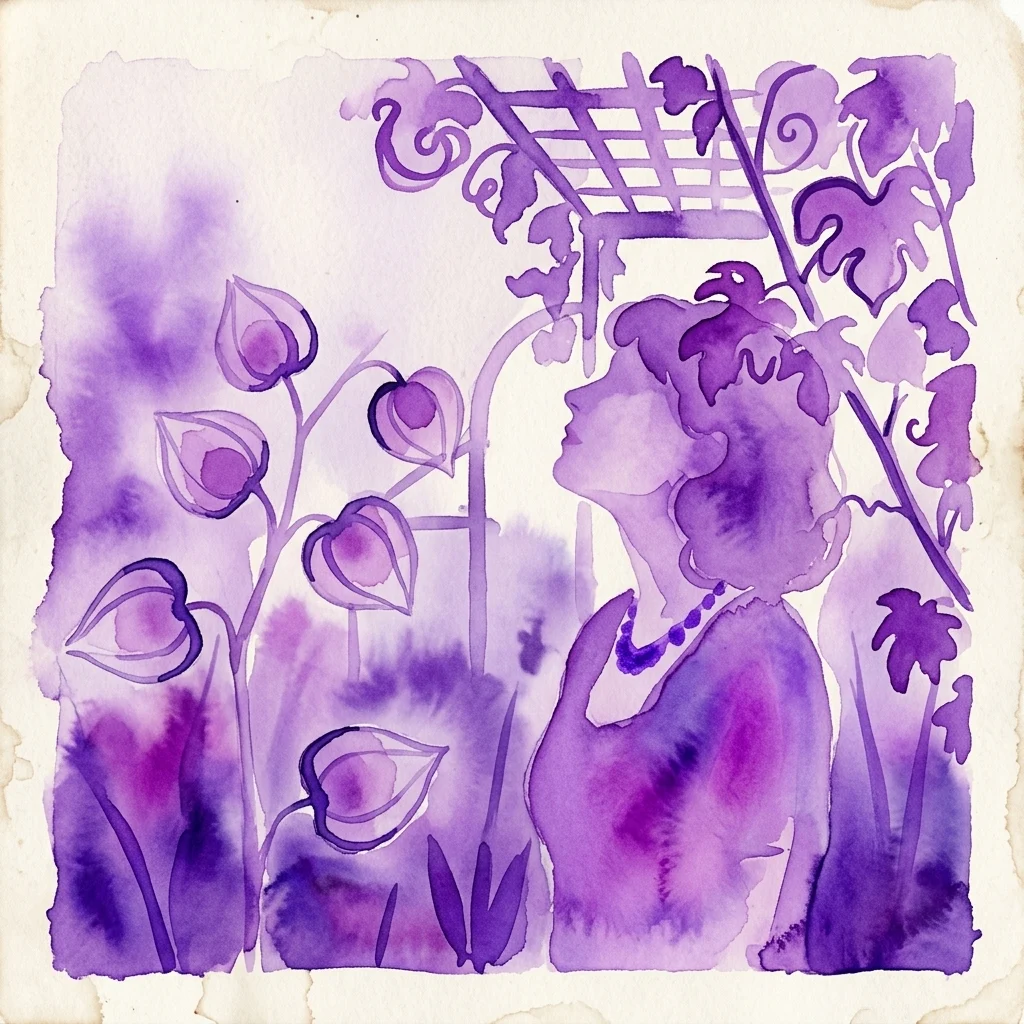 Een paarse aquarelillustratie van een vrouw in profiel, omringd door bloeiende planten en een trellis, die archiefbotanische kunst oproept, geïnspireerd op zomertuinen.