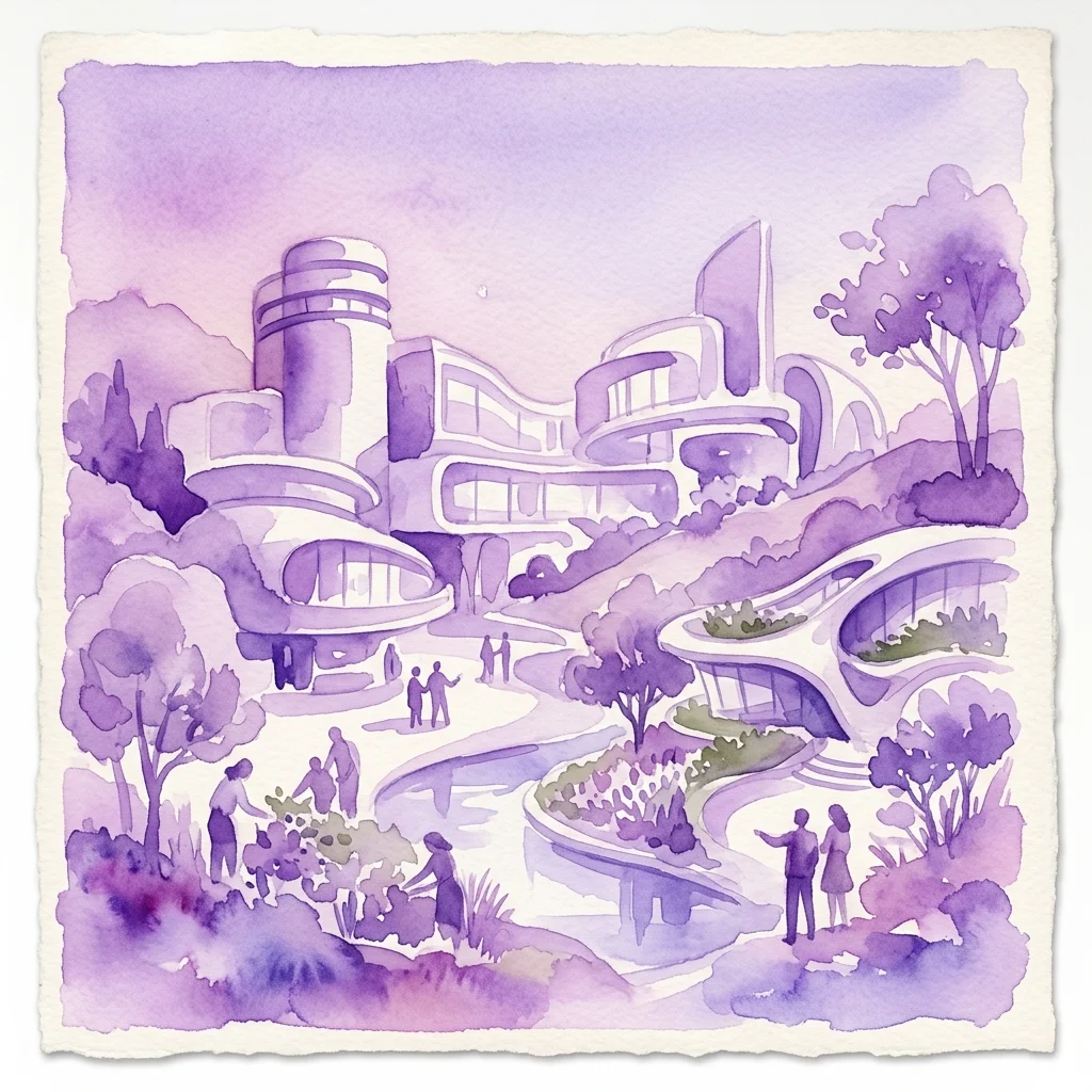 Ilustracja akwarelowa futurystycznej, organicznej architektury w odcieniach fioletu, przedstawiająca utopijną wizję z ludźmi eksplorującymi harmonijne połączenie natury i innowacyjnego designu.