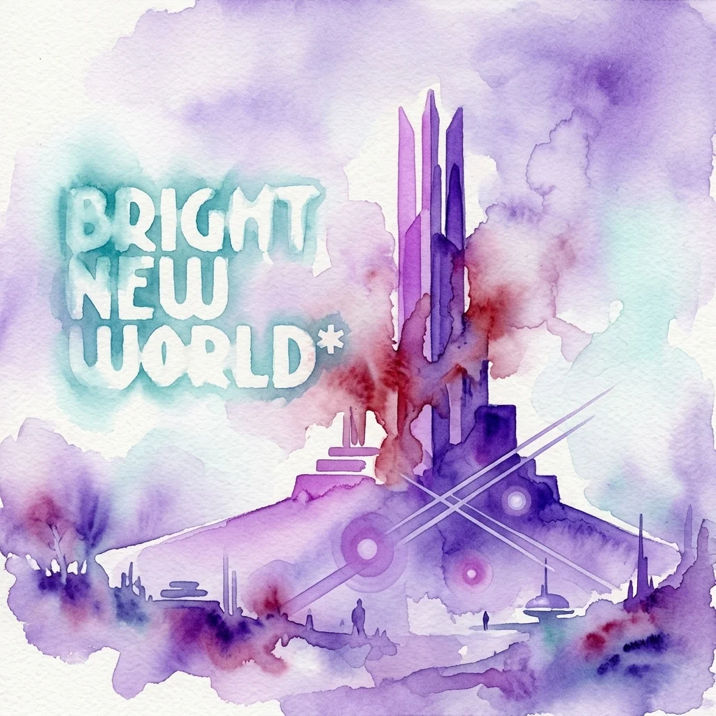 Akwarelowe prace artystyczne na wystawę 'Bright New World', prezentujące futurystyczną architekturę, przyrodę i technologię w onirycznym krajobrazie w kolorach fioletu i turkusu.