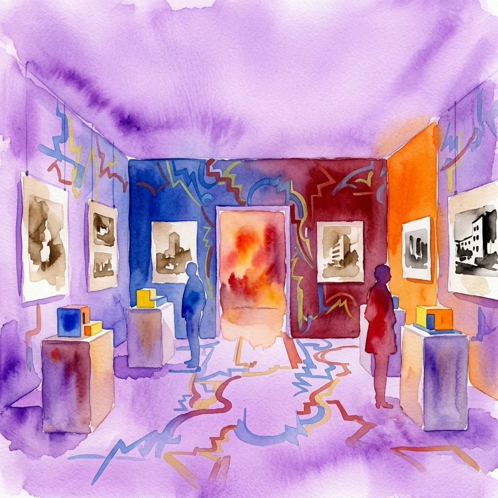 A watercolor illustration of an exhibition space with vibrant purple, blue, red, and orange walls, displaying architectural models and photographs related to Bruno Taut's colorful designs.