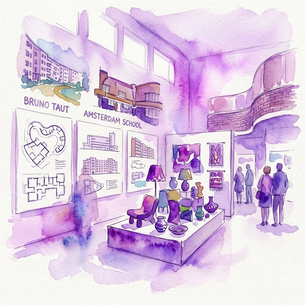 Watercolor illustration of an exhibition on architect Bruno Taut and the Amsterdam School, featuring architectural drawings, models, and applied art on display with visitors observing.