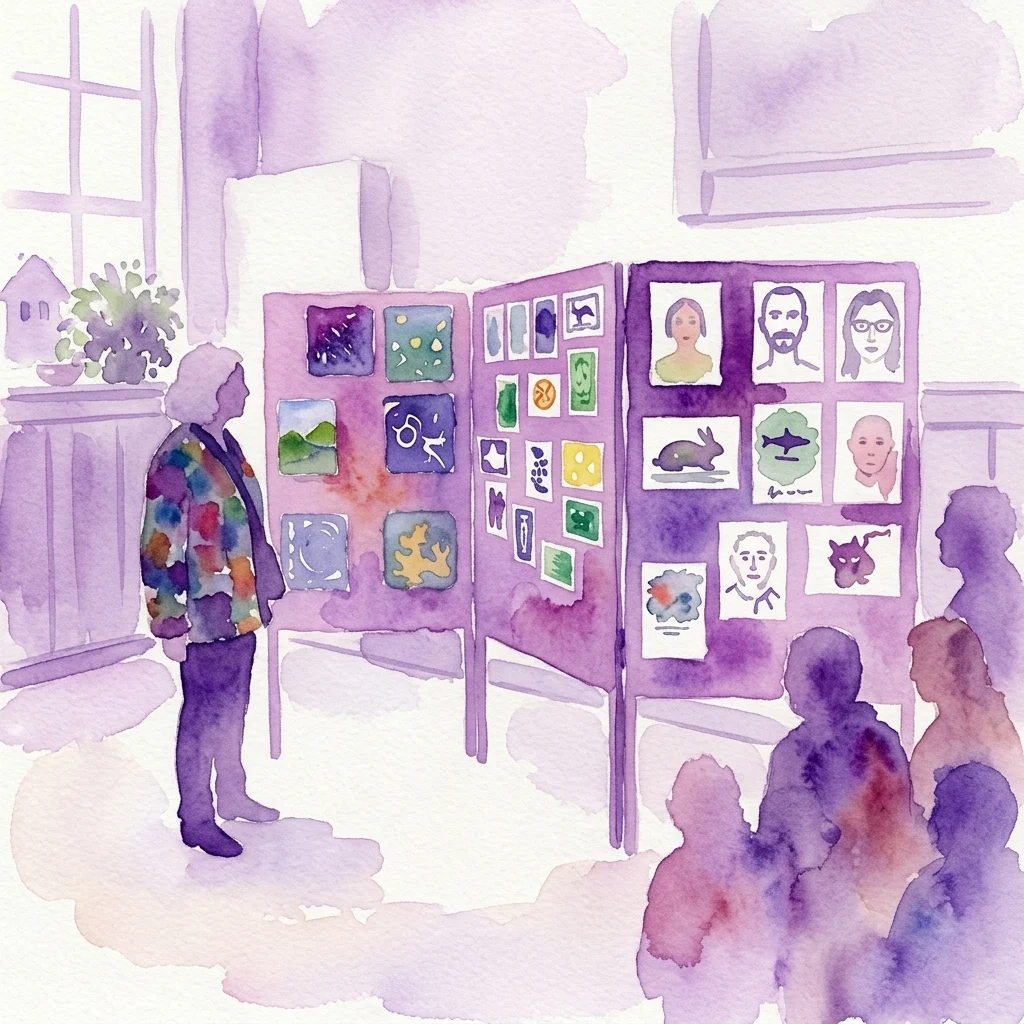 Ilustracja akwarelowa wystawy sztuki lokalnej prezentująca kolorowe dzieła stworzone przez mieszkańców, wystawione na fioletowych panelach w scenerii dzielnicy.